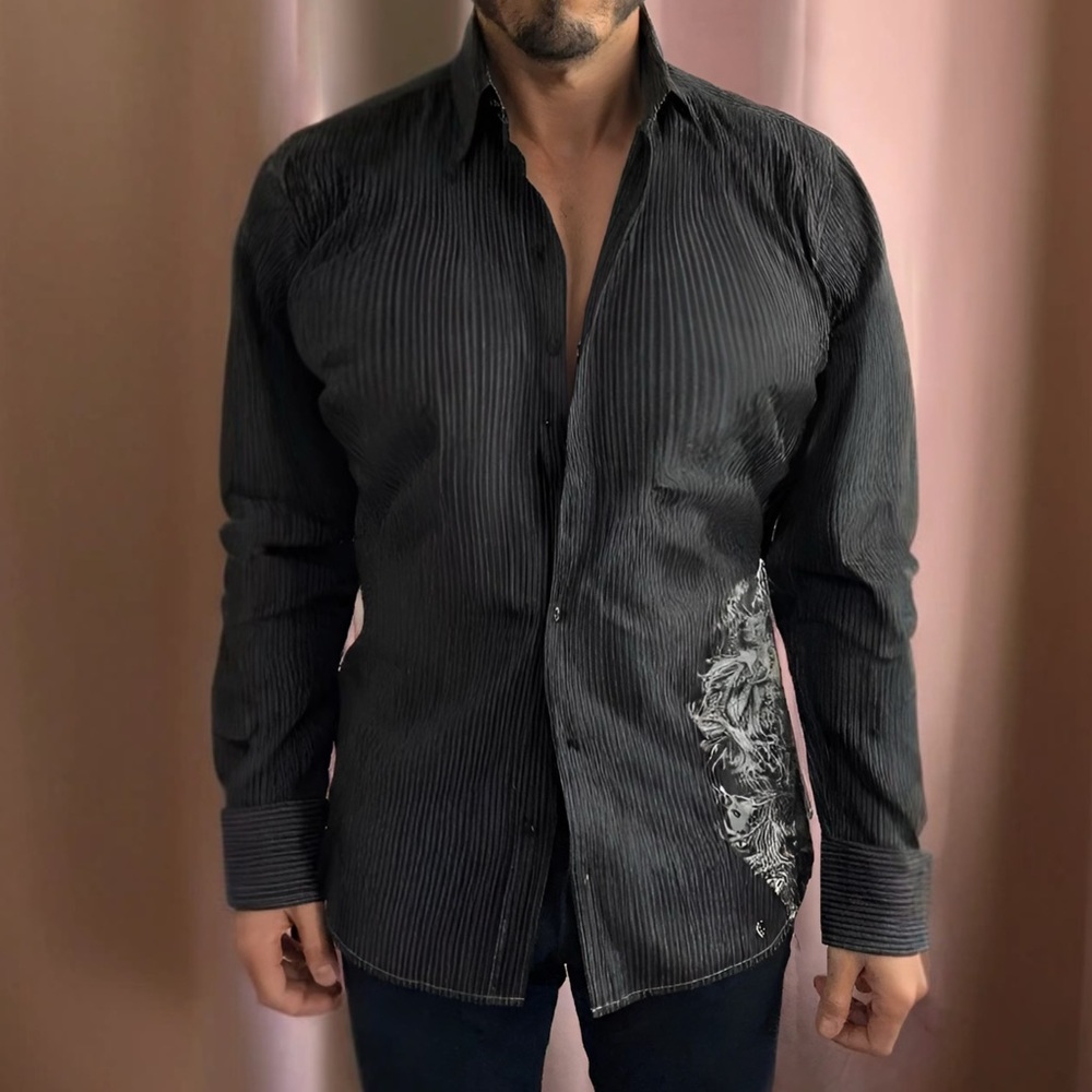 Men's Black Pinstripe Button-Up Shirt with White Floral Accent - Picture 4 of 4